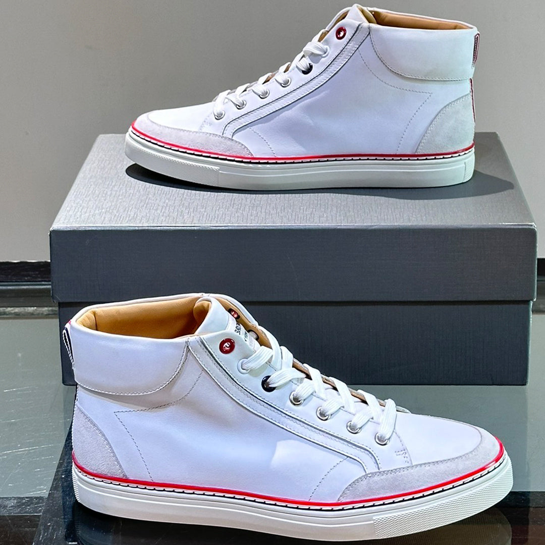 Thom BrowneMen's Premium High-Top Leather Sneakers - Handcrafted Cowhide Casual Shoes with Grosgrain Detail