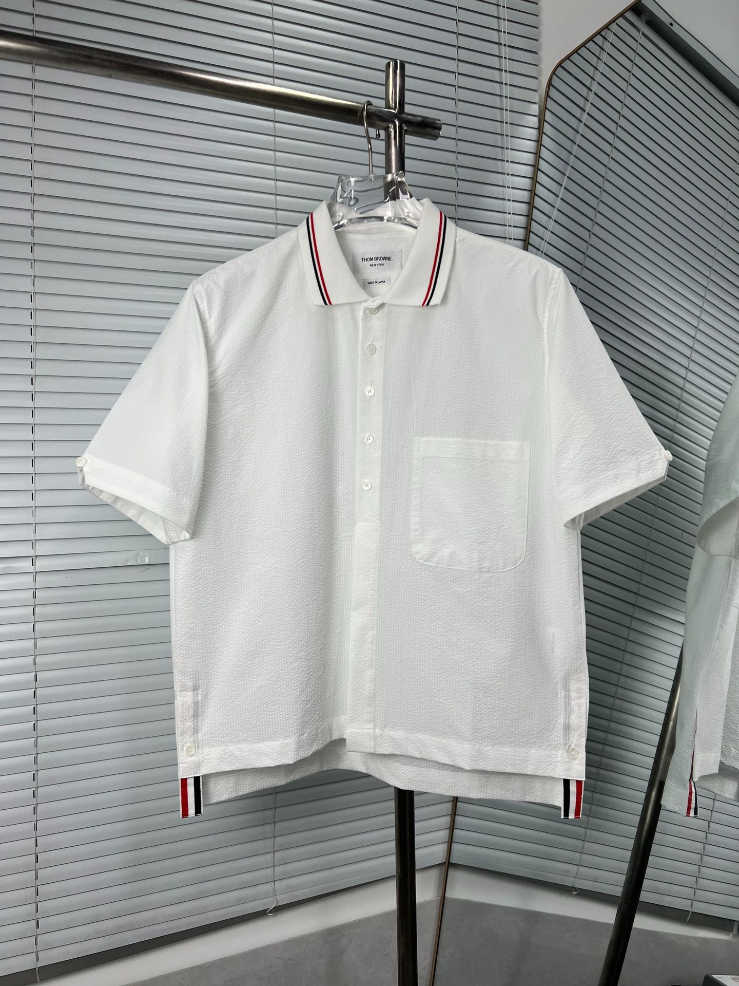Thom BrowneMen's Seersucker Polo Shirt | 4-Bar Detail | Textured Elegance