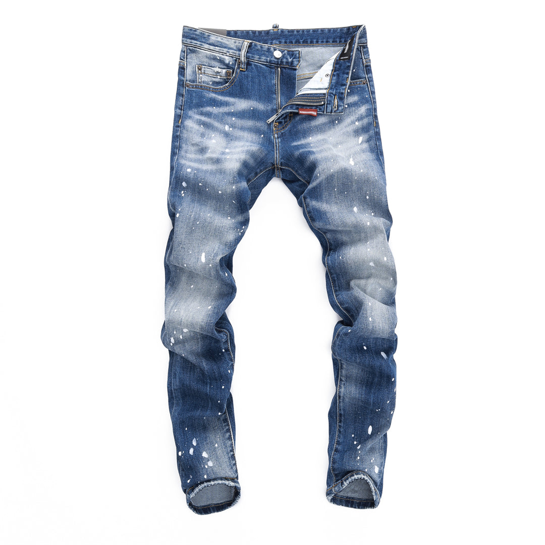 DSQ2 Men's Slim Fit Paint Splash Jeans – Dark Wash Stretch Denim