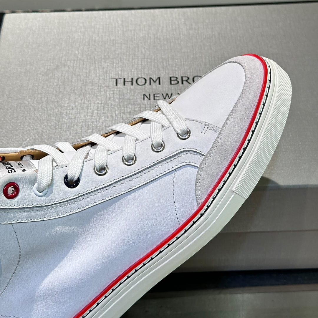 Thom BrowneMen's Premium High-Top Leather Sneakers - Handcrafted Cowhide Casual Shoes with Grosgrain Detail