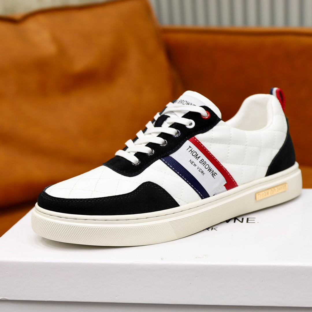 Thom BrowneMen's Premium Leather Sneakers - Handcrafted Cowhide Low-Top Casual Shoes with Grosgrain Detail