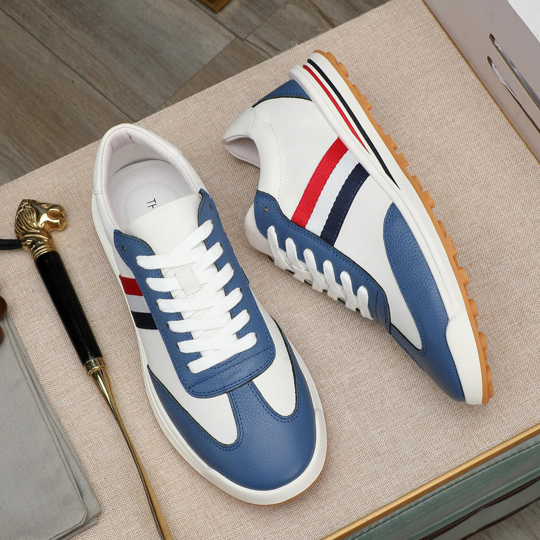 Thom BrowneMen's Premium Leather Sneakers - Handcrafted Cowhide Low-Top Casual Shoes with Grosgrain Detail