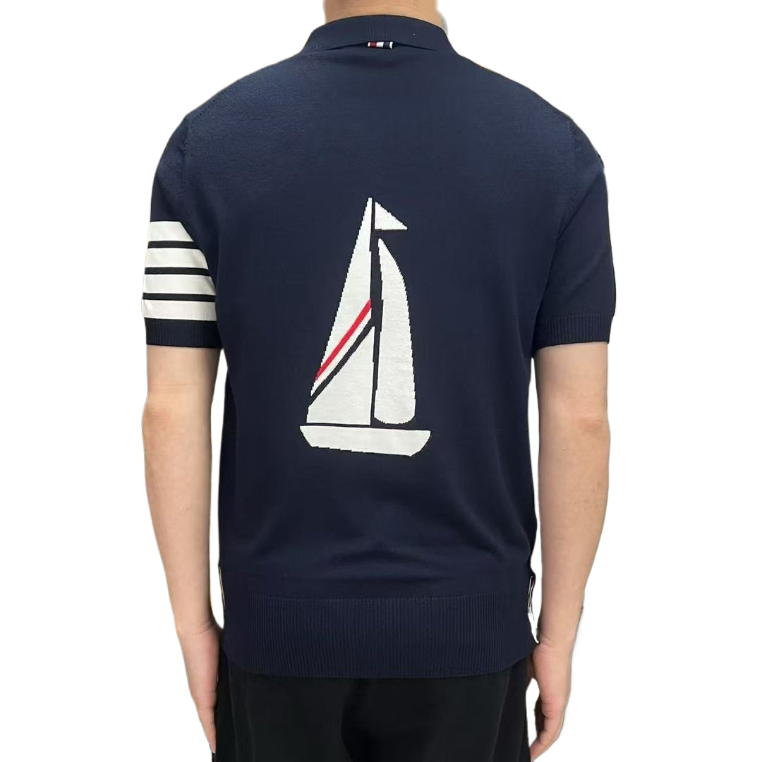 Thom BrowneMen's Nautical Knit Polo Shirt | 4-Bar Detail | Heritage Grosgrain