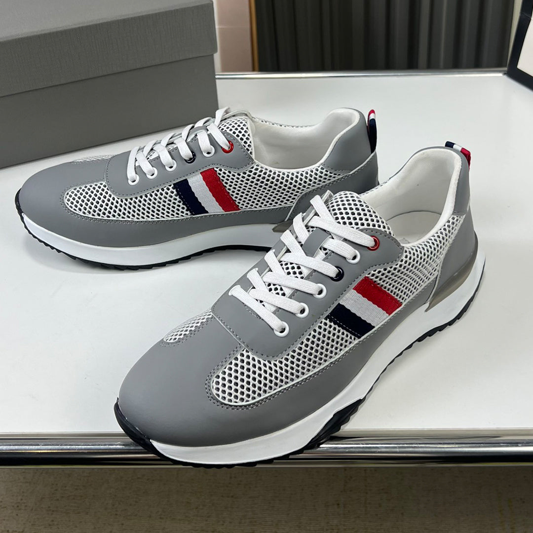 Thom BrowneMen's Premium Leather Sneakers - Handcrafted Cowhide Low-Top Casual Shoes with Grosgrain Detail