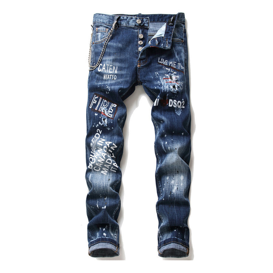 DSQ2 Men's Slim Fit Graffiti Jeans – Dark Wash Stretch Denim