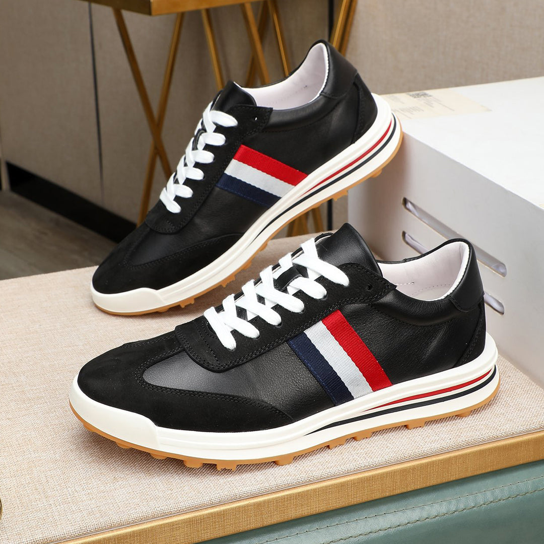 Thom BrowneMen's Premium Leather Sneakers - Handcrafted Cowhide Low-Top Casual Shoes with Grosgrain Detail