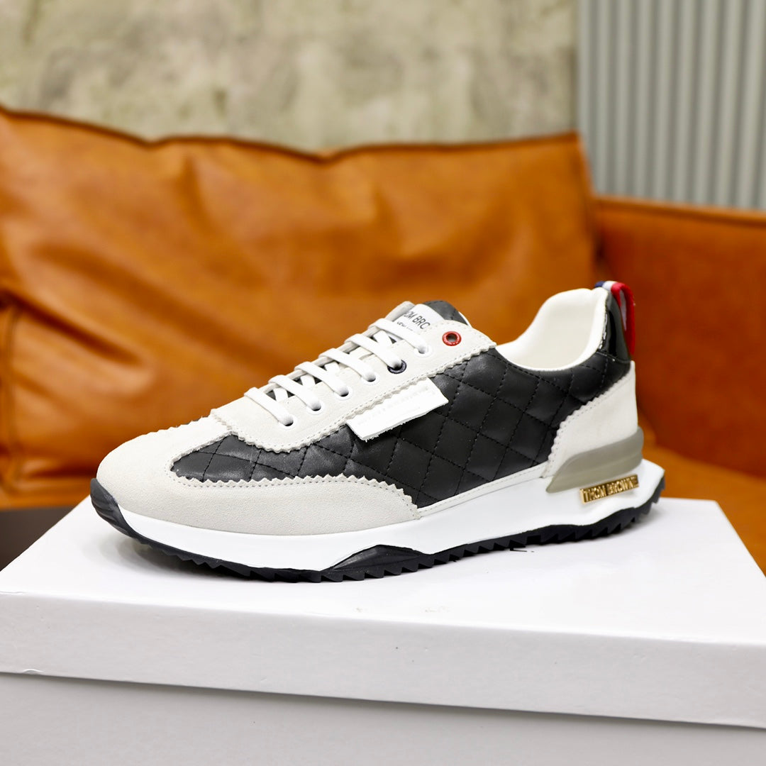 Thom BrowneMen's Premium Leather Sneakers - Handcrafted Cowhide Low-Top Casual Shoes with Grosgrain Detail