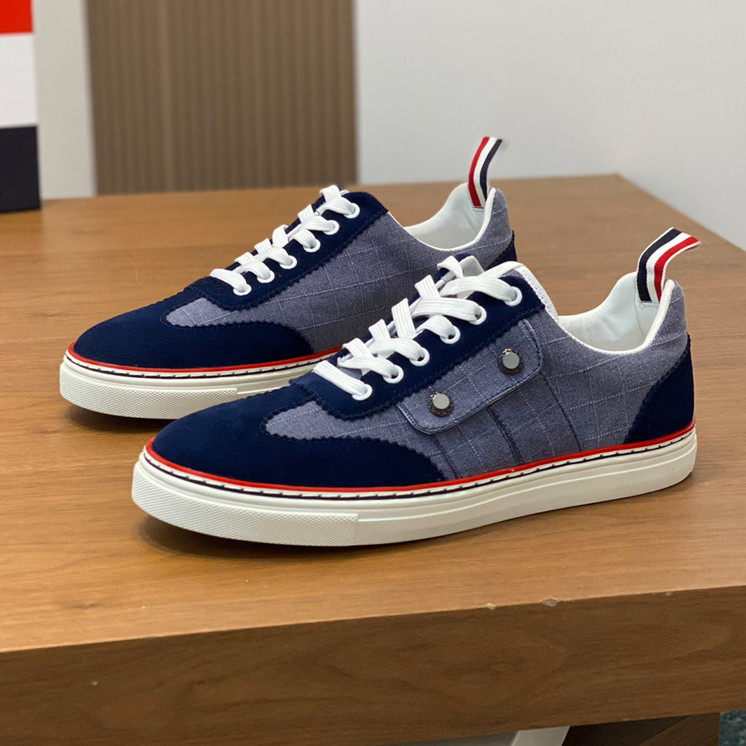 Thom BrowneMen's Premium Leather Sneakers - Handcrafted Cowhide Low-Top Casual Shoes with Grosgrain Detail