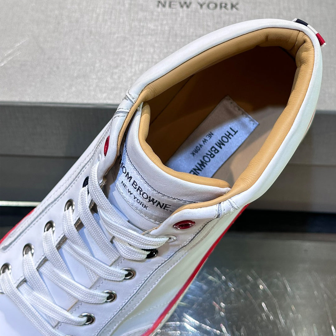 Thom BrowneMen's Premium High-Top Leather Sneakers - Handcrafted Cowhide Casual Shoes with Grosgrain Detail