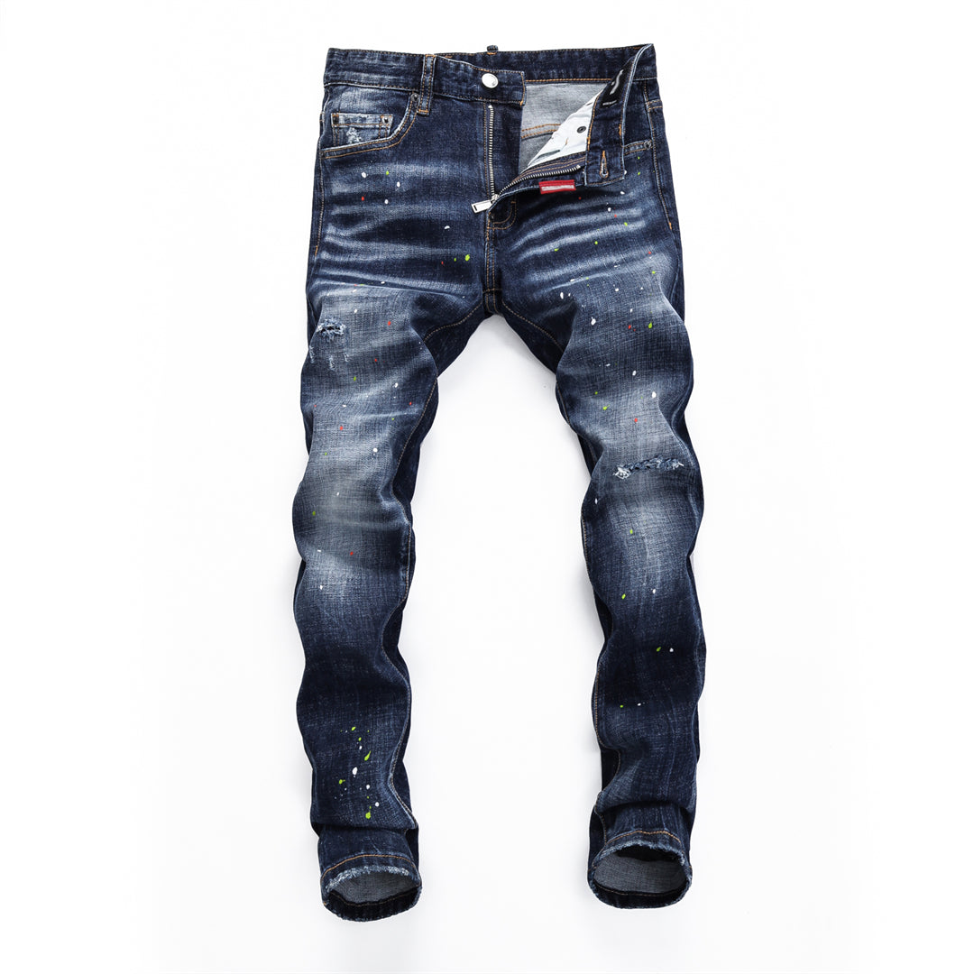 DSQ2 Men's Slim Fit Paint Splatter Jeans – Dark Wash Stretch Denim