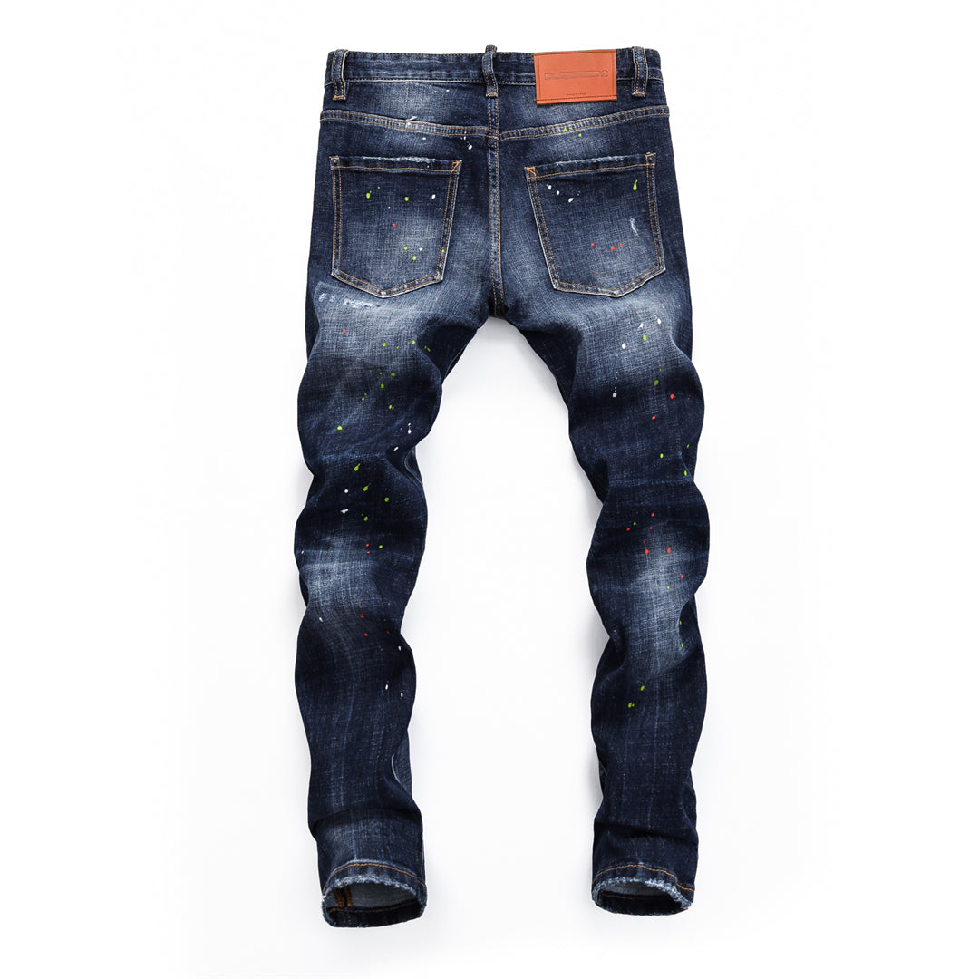 DSQ2 Men's Slim Fit Paint Splatter Jeans – Dark Wash Stretch Denim