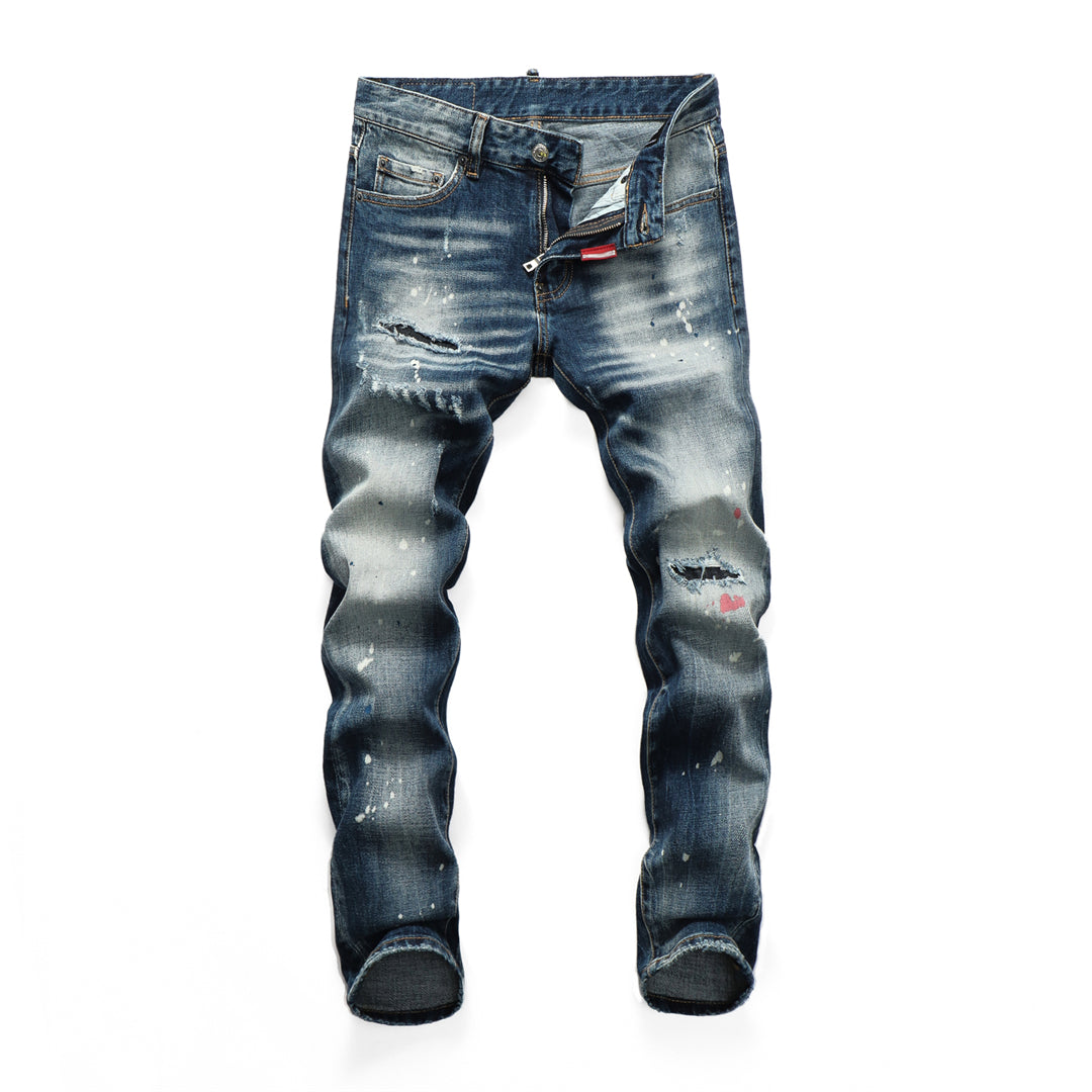 DSQ2 Men's Paint Splatter Slim Fit Jeans – Dark Wash Stretch Denim