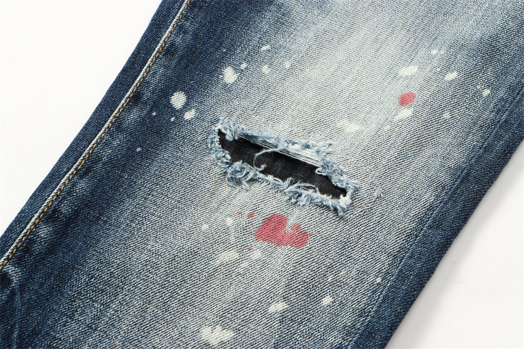 DSQ2 Men's Paint Splatter Slim Fit Jeans – Dark Wash Stretch Denim
