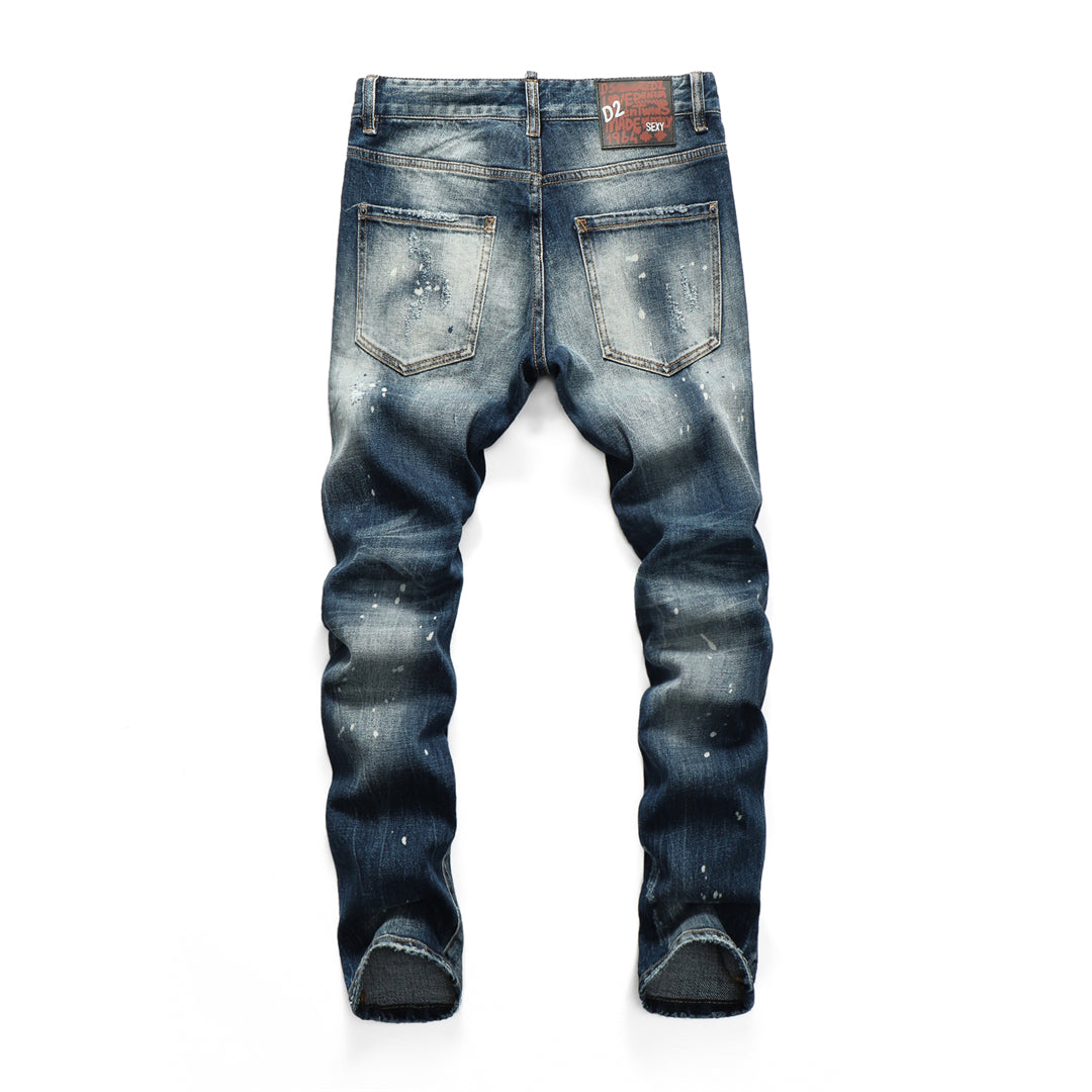 DSQ2 Men's Paint Splatter Slim Fit Jeans – Dark Wash Stretch Denim