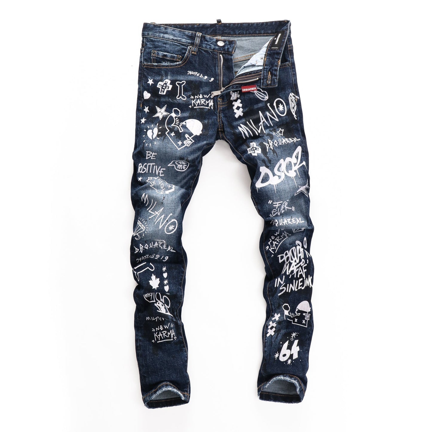 DSQ2 Men's Slim Fit Graffiti Jeans – Dark Wash Stretch Denim