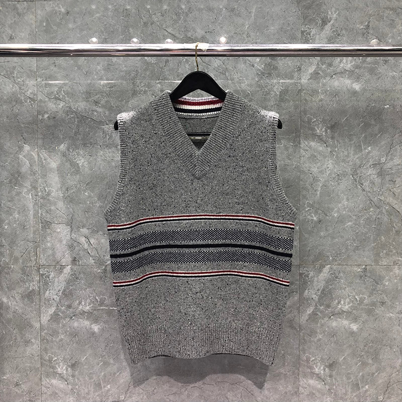 Thom BrowneUnisex Classic V-Neck Wool Knitted Vest with 4-Bar Sleeve Detail