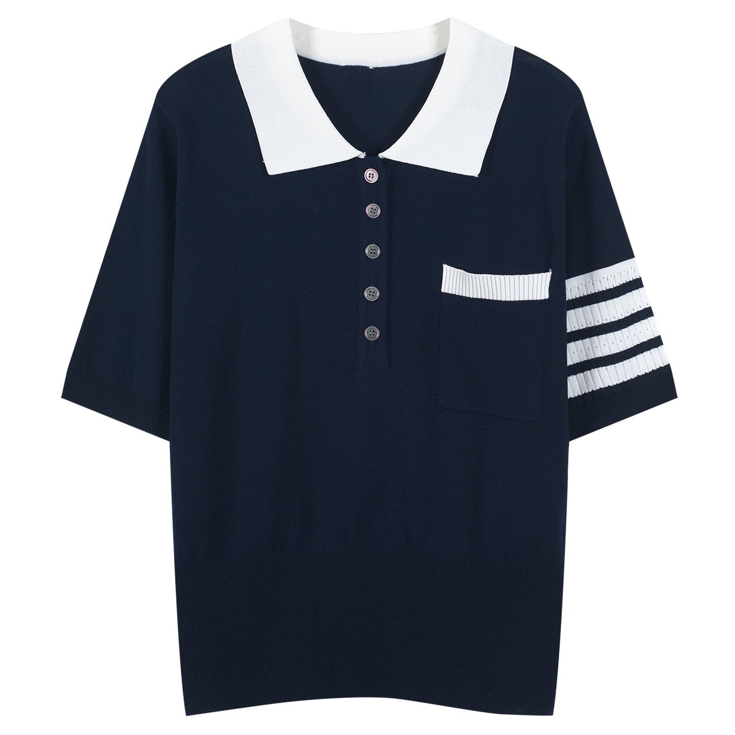 Thom BrowneWomen's Striped Polo Shirt - Classic Button Front Top with Grosgrain Trim