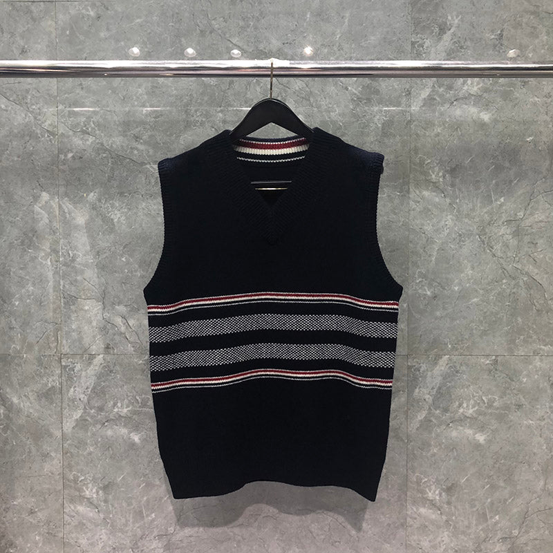 Thom BrowneUnisex Classic V-Neck Wool Knitted Vest with 4-Bar Sleeve Detail