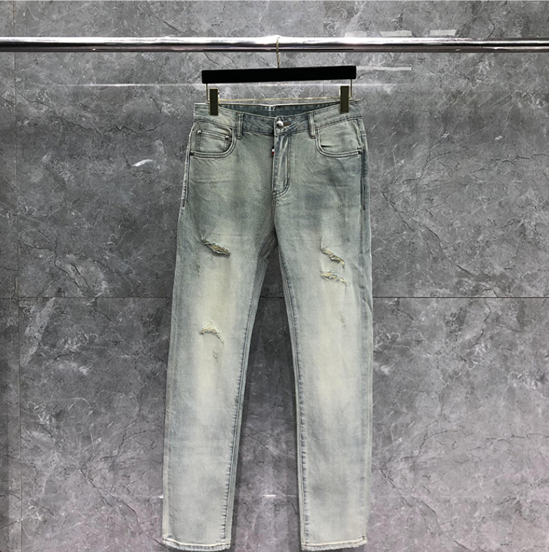 Thom BrowneMen's Simple Ripped Jeans - 100% Cotton with Signature Grosgrain Loop Tab