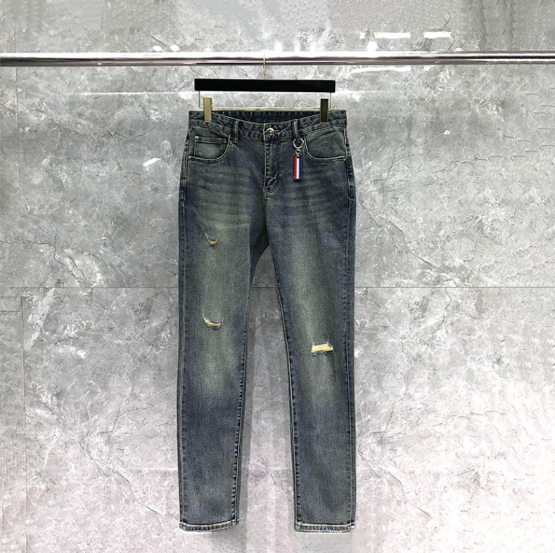 Thom BrowneMen's Ripped Jeans - 100% Cotton with Signature Grosgrain Loop Tab