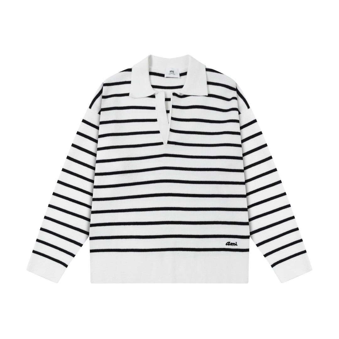 AMI PARISCotton & Wool Striped Sweater - Premium Blend Knitwear