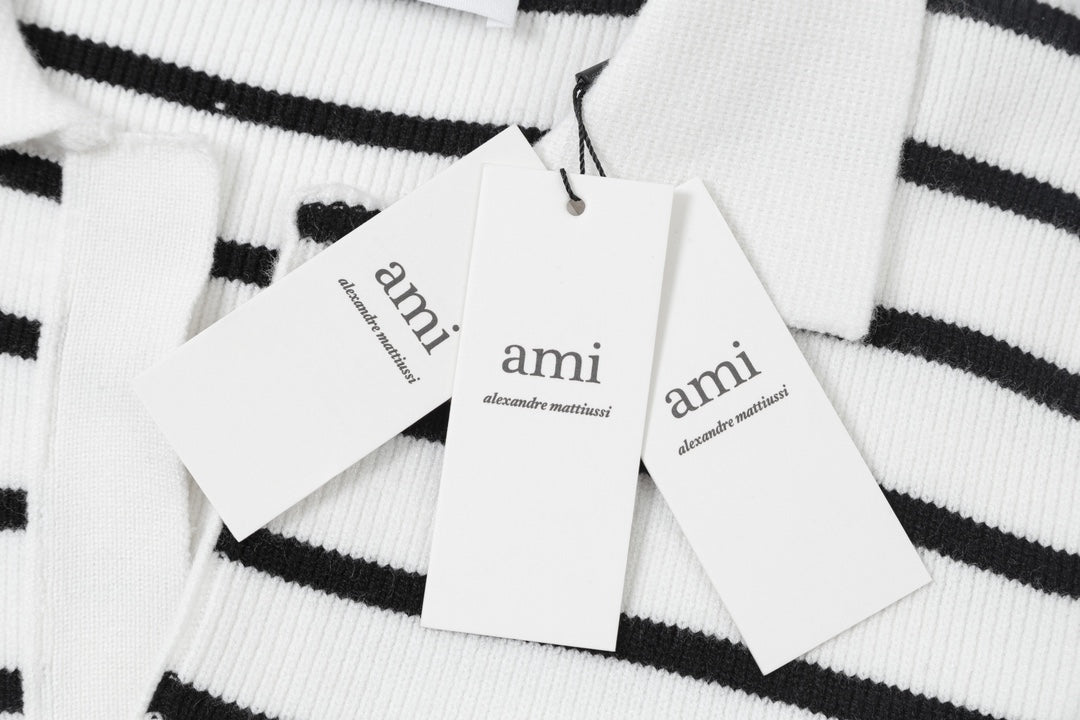 AMI PARISCotton & Wool Striped Sweater - Premium Blend Knitwear