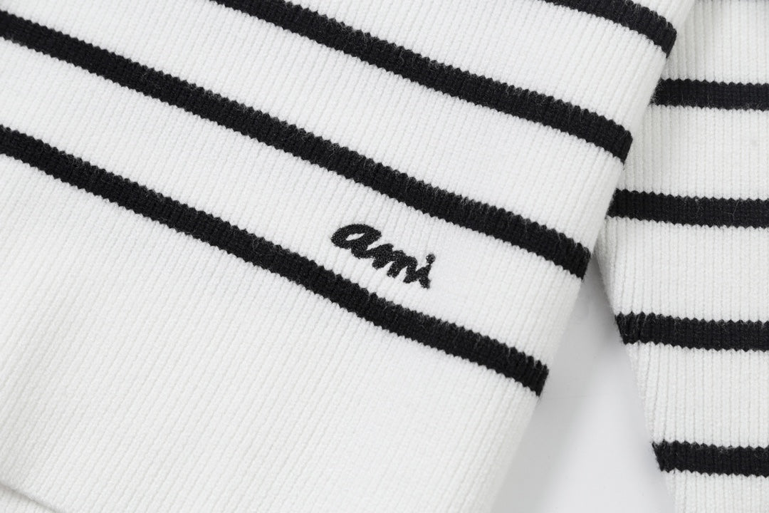 AMI PARISCotton & Wool Striped Sweater - Premium Blend Knitwear