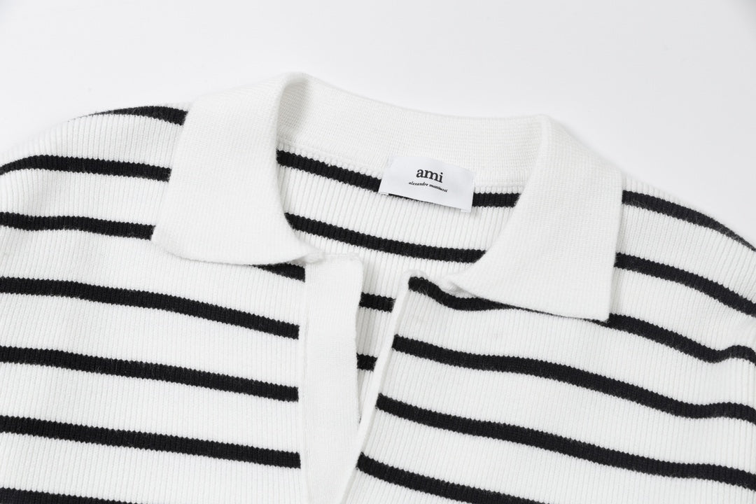 AMI PARISCotton & Wool Striped Sweater - Premium Blend Knitwear