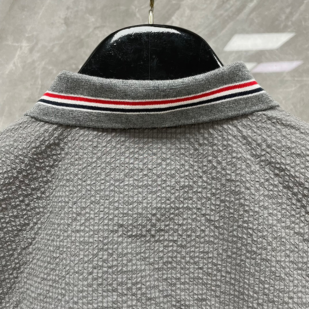 Thom BrowneMen's Seersucker Polo Shirt | 4-Bar Detail | Textured Elegance