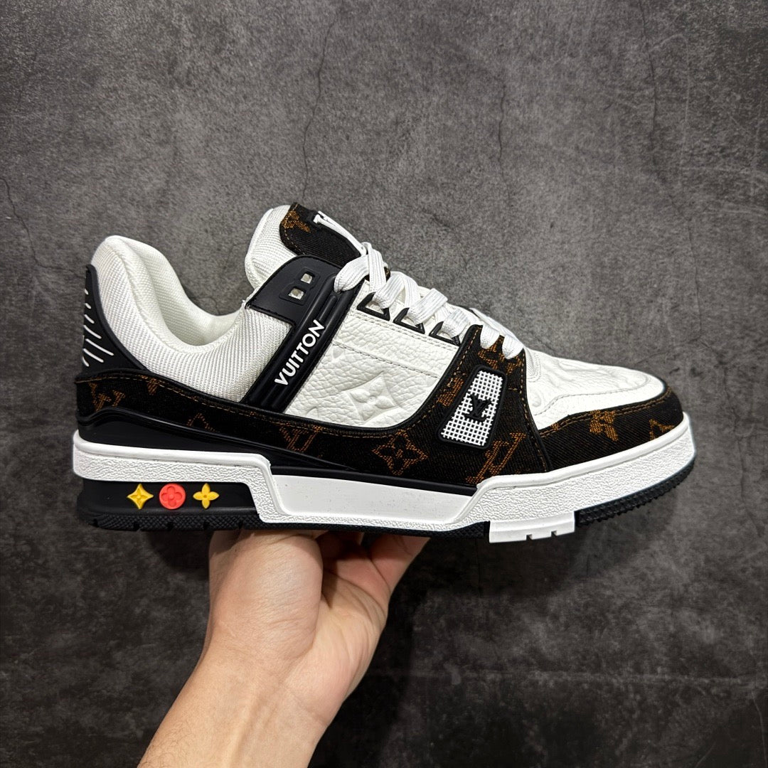 LV White, Black, and Brown Paneled Denim Sneakers