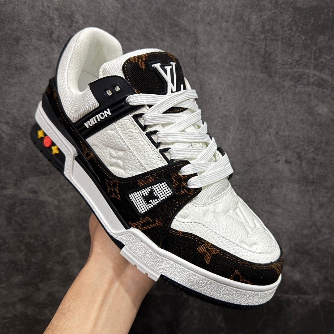 LV White, Black, and Brown Paneled Denim Sneakers
