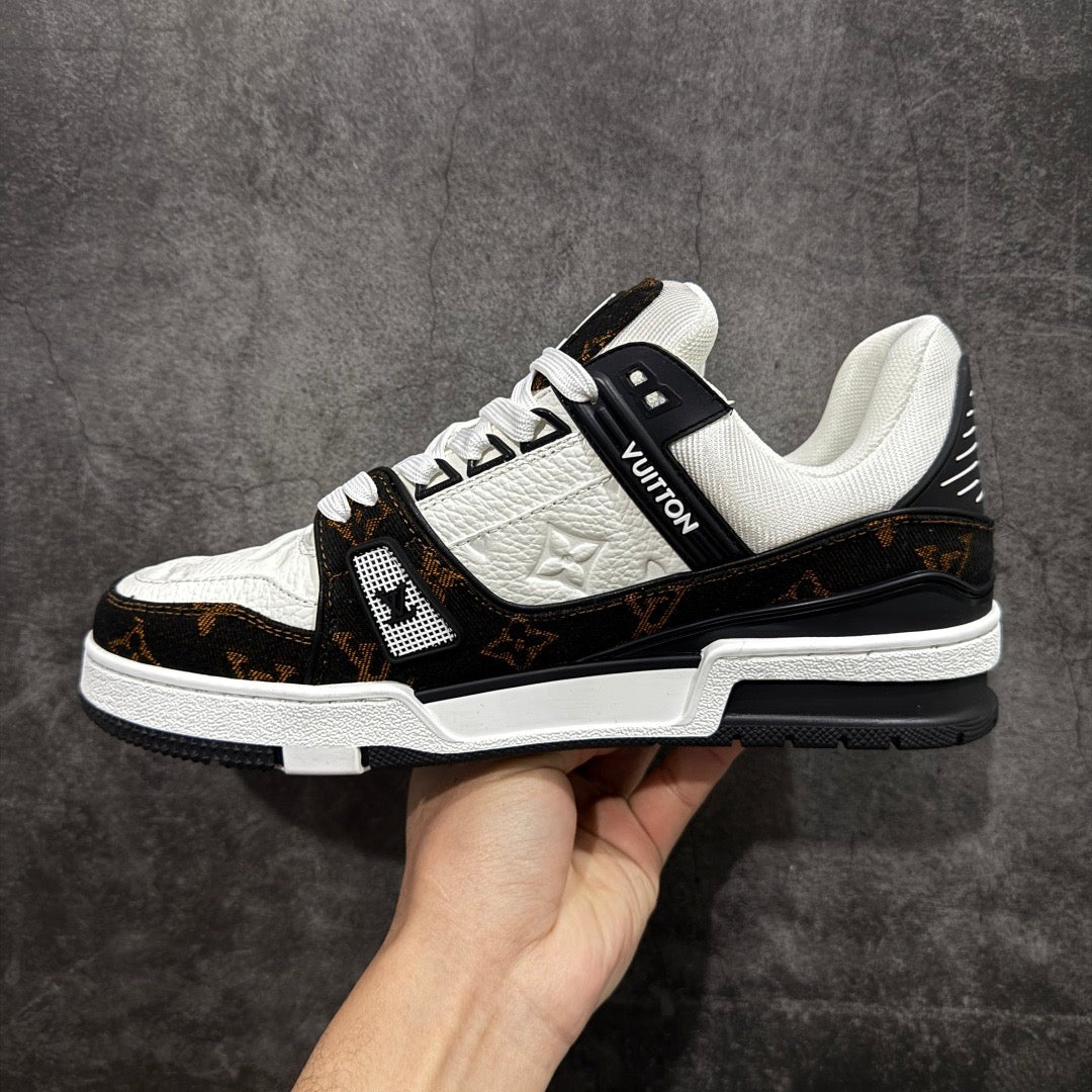 LV White, Black, and Brown Paneled Denim Sneakers